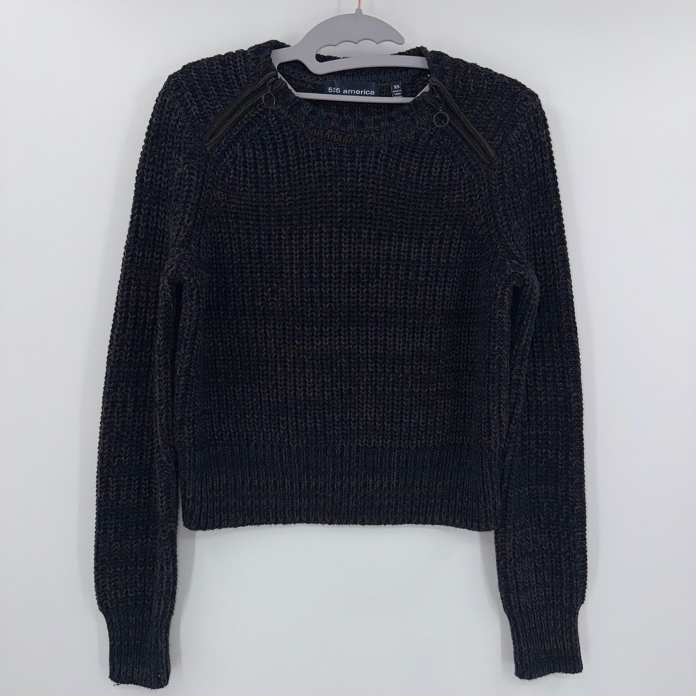 525 America Cotton Shaker Knit Shoulder Zip Sweater Blue Brown Marled XS